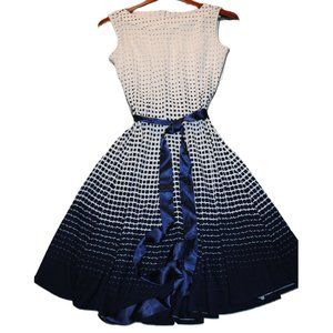 Navy & White Gradient Fit & Flare Dress with Ribbon Sash Size Small